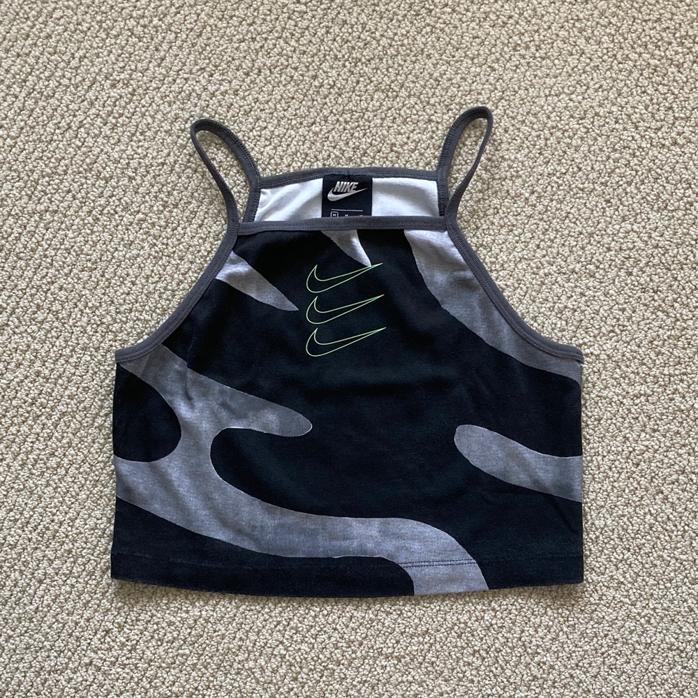Nike PRO Graphic High Neck Logo Tank Top Size Medium Black Grey Halter EUC